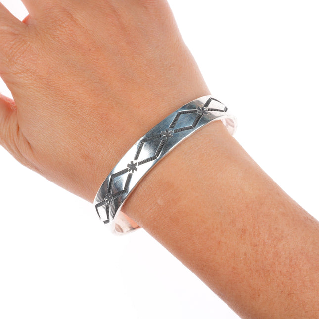 7" Nora Tahe Navajo deep stamped sterling silver sturdy stacker cuff bracelet
