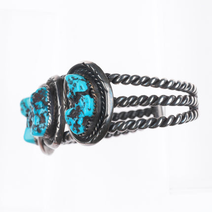 6.2" Vintage Navajo sterling silver twisted wire 3 stone turquoise cuff bracelet