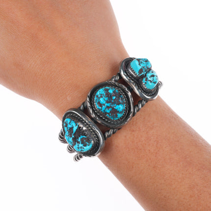 6.2" Vintage Navajo sterling silver twisted wire 3 stone turquoise cuff bracelet