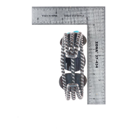 6.2" Vintage Navajo sterling silver twisted wire 3 stone turquoise cuff bracelet