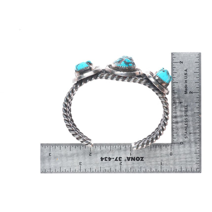 6.2" Vintage Navajo sterling silver twisted wire 3 stone turquoise cuff bracelet