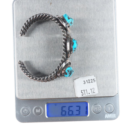 6.2" Vintage Navajo sterling silver twisted wire 3 stone turquoise cuff bracelet