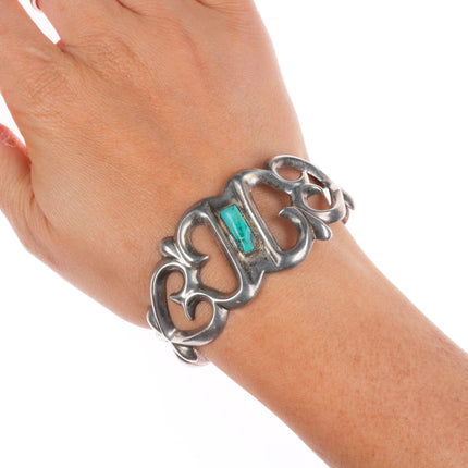 6.4" Vintage Navajo sterling silver cast cuff bracelet with turquoise