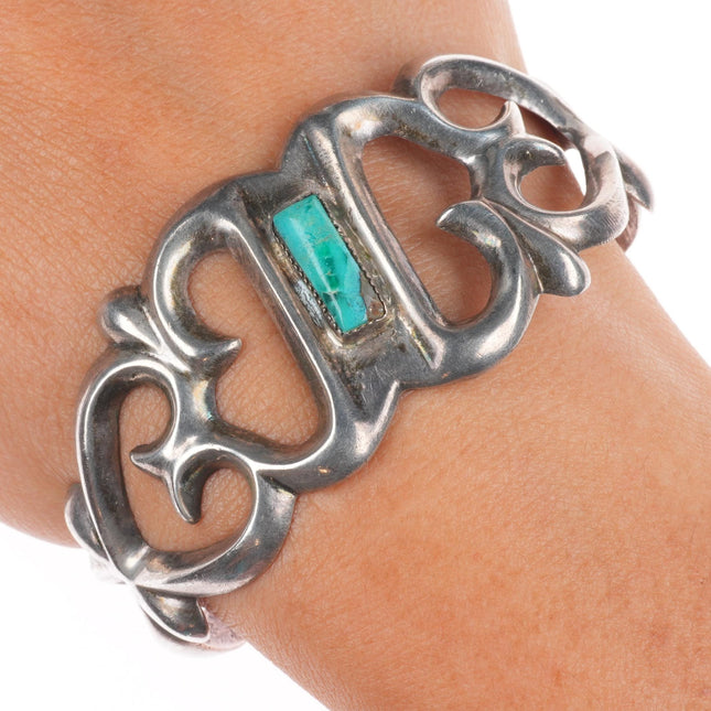 6.4" Vintage Navajo sterling silver cast cuff bracelet with turquoise