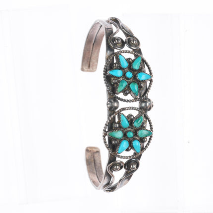 6.4" 1940's Zuni sterling silver star design petit point turquoise cuff bracelet