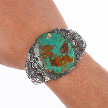 6.5" c1940 Navajo Ceremonial Kingman turquoise sterling silver big cuff bracelet