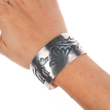 6.6" Wilbur Anderson Navajo sterling silver bear overlay wide cuff bracelet