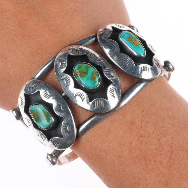 6.6" Vintage Navajo sterling silver Royston Turquoise shadowbox cuff bracelet