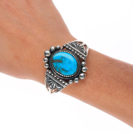6" Vintage Navajo sterling silver Revival cuff bracelet with nice turquoise