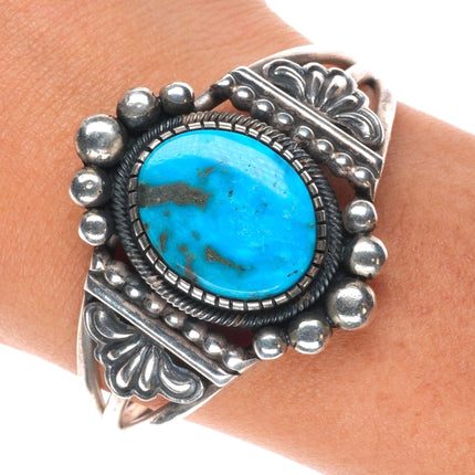 6" Vintage Navajo sterling silver Revival cuff bracelet with nice turquoise