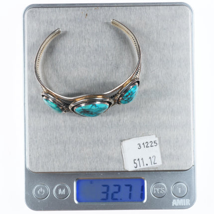 6.75" Vintage Navajo high grade turquoise sterling silver 3 stone cuff bracelet