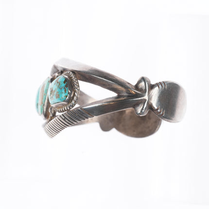 7" Vintage Navajo or Zuni sterling silver chiseled cast turquoise cuff bracelet