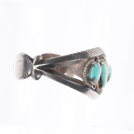7" Vintage Navajo or Zuni sterling silver chiseled cast turquoise cuff bracelet