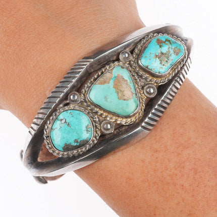 7" Vintage Navajo or Zuni sterling silver chiseled cast turquoise cuff bracelet
