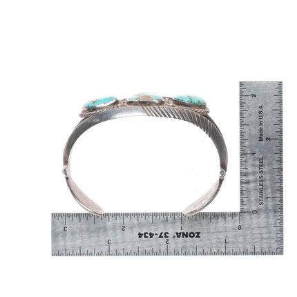 7" Vintage Navajo or Zuni sterling silver chiseled cast turquoise cuff bracelet