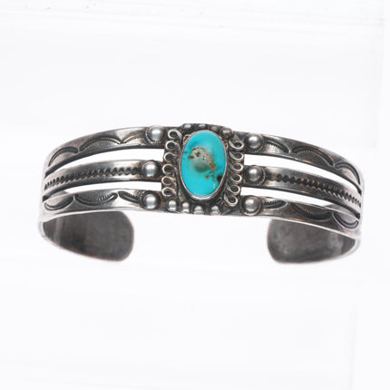 6.2" c1940 Navajo sterling silver hand stamped cuff bracelet with nice turquoise