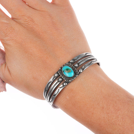 6.2" c1940 Navajo sterling silver hand stamped cuff bracelet with nice turquoise