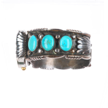 6.25" Vintage Navajo sterling silver turquoise row watch cuff bracelet