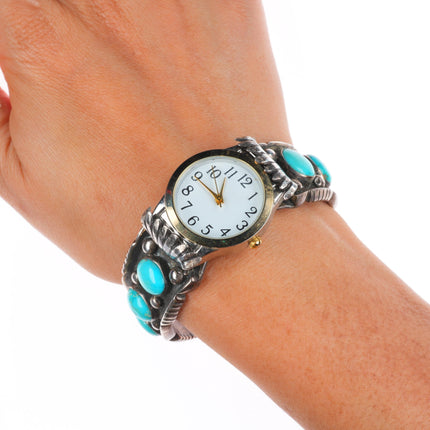6.25" Vintage Navajo sterling silver turquoise row watch cuff bracelet
