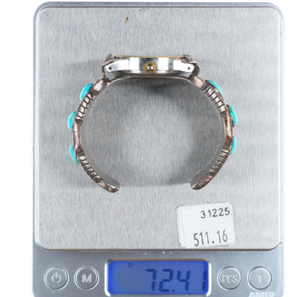 6.25" Vintage Navajo sterling silver turquoise row watch cuff bracelet
