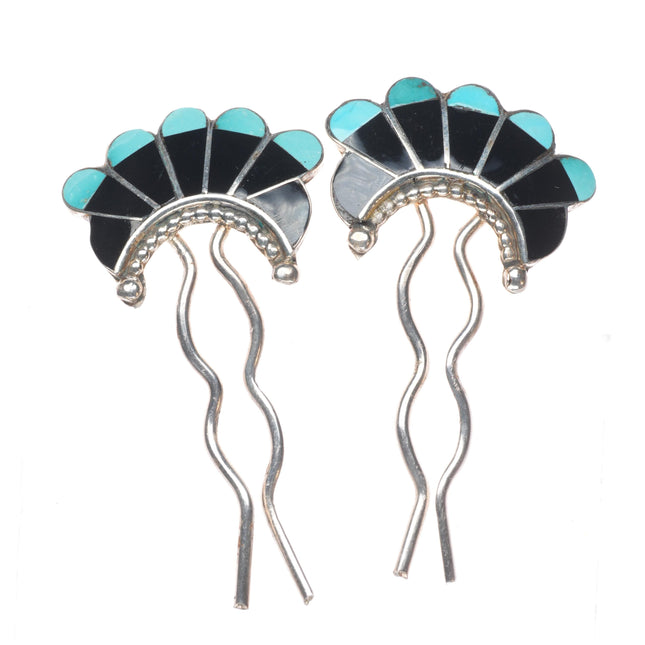 Vintage Zuni sterling silver/turquoise/jet hair pins set