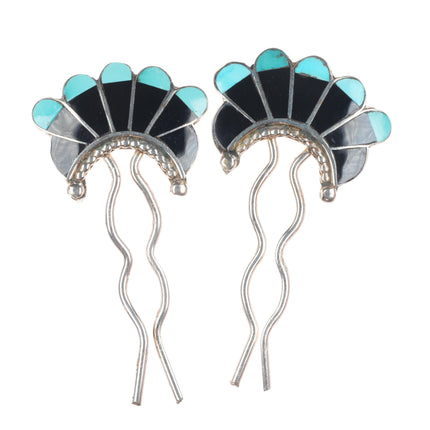Vintage Zuni sterling silver/turquoise/jet hair pins set