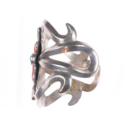6.25" Vintage Zuni sterling silver branch coral turquoise cuff bracelet