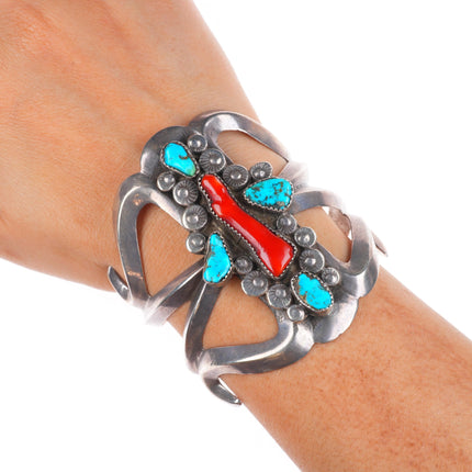 6.25" Vintage Zuni sterling silver branch coral turquoise cuff bracelet