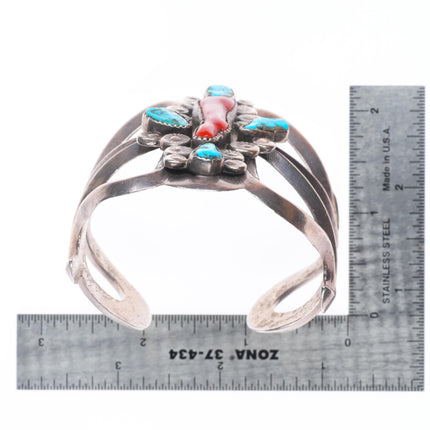 6.25" Vintage Zuni sterling silver branch coral turquoise cuff bracelet