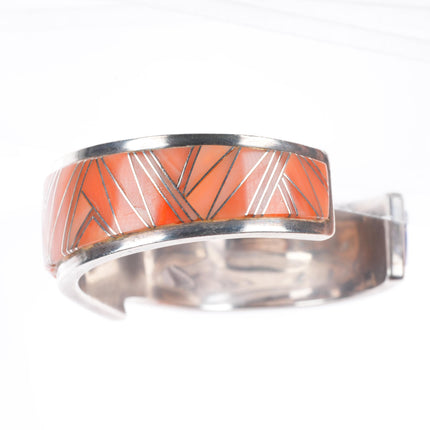 6" Bennie Bowekaty Zuni sterling silver coral/lapis channel inlay cuff bracelet