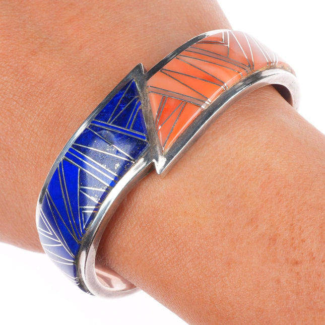 6" Bennie Bowekaty Zuni sterling silver coral/lapis channel inlay cuff bracelet