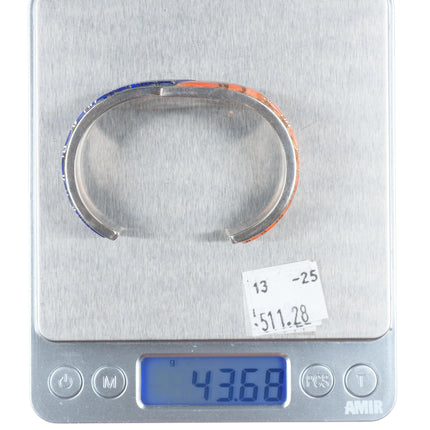 6" Bennie Bowekaty Zuni sterling silver coral/lapis channel inlay cuff bracelet