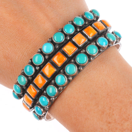 6.4" Alvin Lee Navajo sterling silver, turquoise, spiny oyster row cuff bracelet