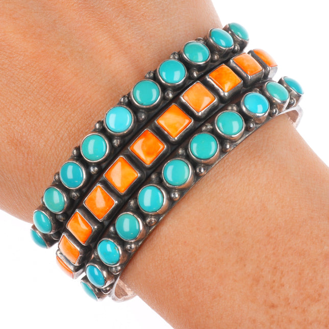 6.4" Alvin Lee Navajo sterling silver, turquoise, spiny oyster row cuff bracelet