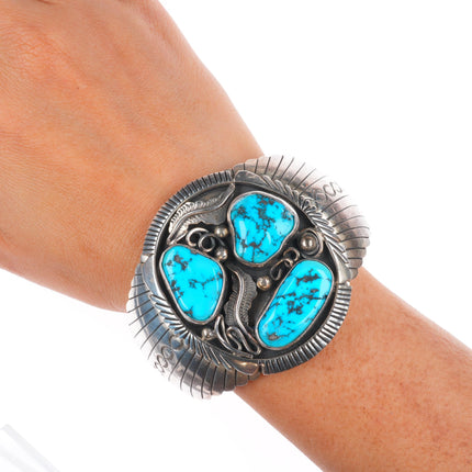 7" Vintage Navajo sterling silver 3 stone turquoise cuff bracelet