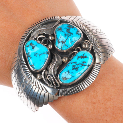 7" Vintage Navajo sterling silver 3 stone turquoise cuff bracelet