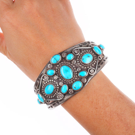 7.5" 1930's Navajo ingot/sterling silver intricate cluster cuff bracelet