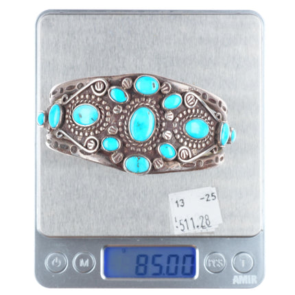 7.5" 1930's Navajo ingot/sterling silver intricate cluster cuff bracelet