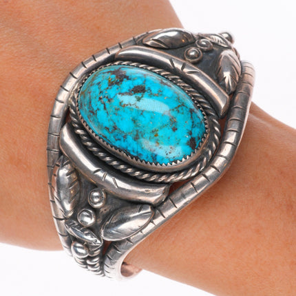 6.5" Vintage Navajo sterling silver twisted wire cuff bracelet w/large turquoise
