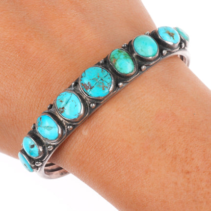 6.7" 1920's-1930's Vintage Navajo ingot silver turquoise row cuff bracelet