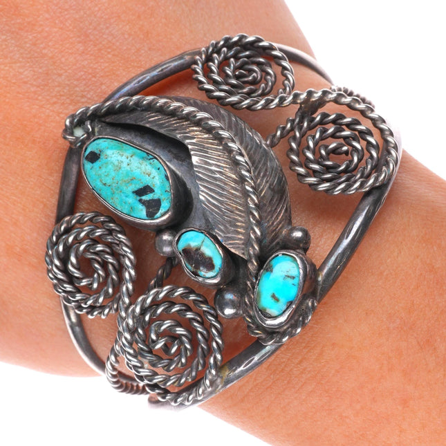 6.3" Vintage Native American sterling silver twist wire cuff bracelet turquoise