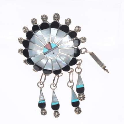 Abel Soseeah Zuni sterling silver shell/jet/turquoise inlay sunface pendant/pin