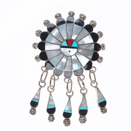 Abel Soseeah Zuni sterling silver shell/jet/turquoise inlay sunface pendant/pin