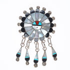 Abel Soseeah Zuni sterling silver shell/jet/turquoise inlay sunface pendant/pin