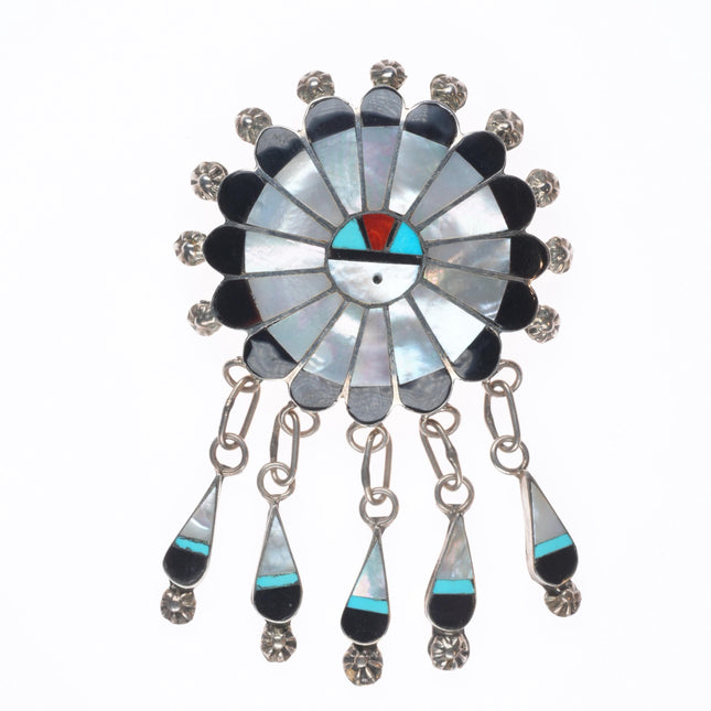 Abel Soseeah Zuni sterling silver shell/jet/turquoise inlay sunface pendant/pin