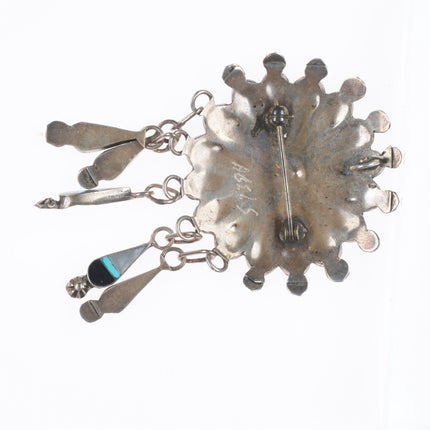 Abel Soseeah Zuni sterling silver shell/jet/turquoise inlay sunface pendant/pin