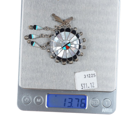 Abel Soseeah Zuni sterling silver shell/jet/turquoise inlay sunface pendant/pin