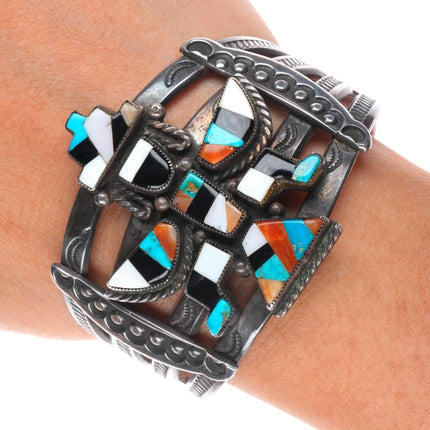 6.25" c1940's Zuni sterling silver multi-stone inlay knifewing cuff bracelet