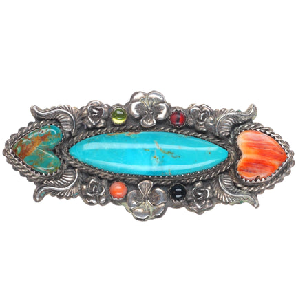 Leland Yazzie Navajo sterling silver turquoise spiny oyster hearts pin/brooch