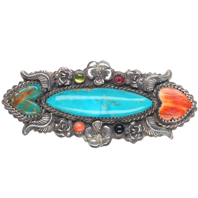 Leland Yazzie Navajo sterling silver turquoise spiny oyster hearts pin/brooch